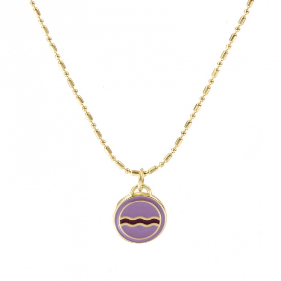 Picture of 18K Real Gold Plated Bamboo Chain Round Pendant Charm Necklace, Brass 45cm(17.7") + 5cm(2"), For Women, Wave Mauve Enamel Retro Exquisite Gift, Eco-friendly, 1 Piece