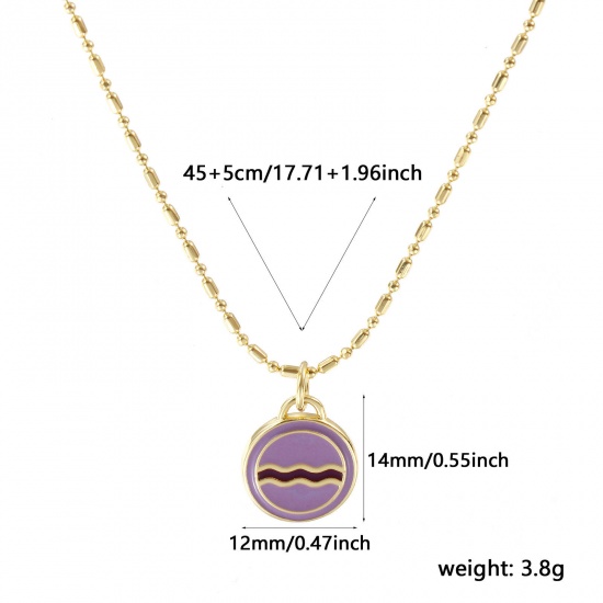 Picture of 18K Real Gold Plated Bamboo Chain Round Pendant Charm Necklace, Brass 45cm(17.7") + 5cm(2"), For Women, Wave Mauve Enamel Retro Exquisite Gift, Eco-friendly, 1 Piece