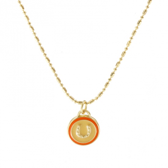 Picture of 18K Real Gold Plated Bamboo Chain Round Pendant Charm Necklace, Brass 45cm(17.7") + 5cm(2"), For Women, Horseshoe Beige Enamel Retro West Cowboy Gift, Eco-friendly, 1 Piece