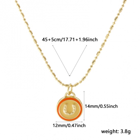 Picture of 18K Real Gold Plated Bamboo Chain Round Pendant Charm Necklace, Brass 45cm(17.7") + 5cm(2"), For Women, Horseshoe Beige Enamel Retro West Cowboy Gift, Eco-friendly, 1 Piece