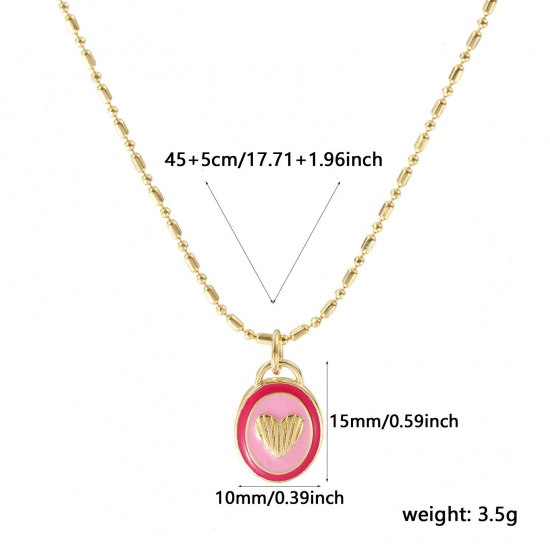 Picture of 18K Real Gold Plated Bamboo Chain Oval Pendant Charm Necklace, Brass 45cm(17.7") + 5cm(2"), For Women, Heart Pink Enamel Retro Valentine's Day Gift, Eco-friendly, 1 Piece
