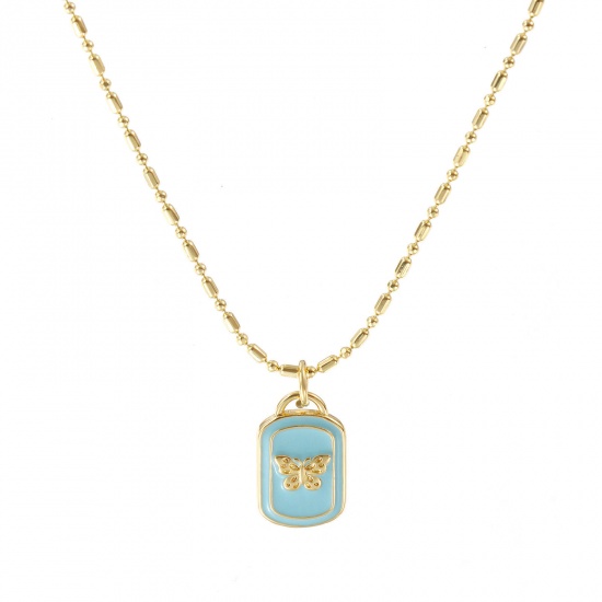Picture of 18K Real Gold Plated Bamboo Chain Rectangle Pendant Charm Necklace, Brass 45cm(17.7") + 5cm(2"), For Women, Butterfly Light Blue Enamel Sweet & Cute Insect Gift, Eco-friendly, 1 Piece