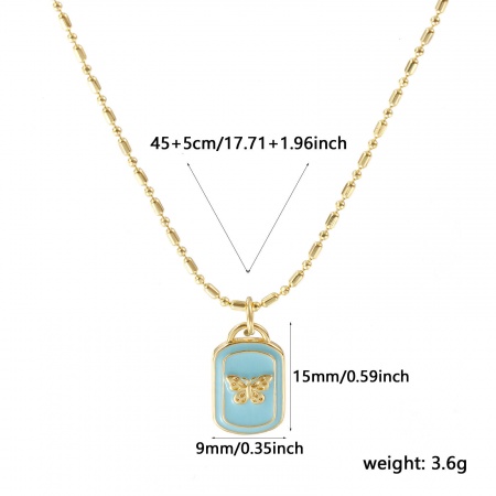 Picture of 18K Real Gold Plated Bamboo Chain Rectangle Pendant Charm Necklace, Brass 45cm(17.7") + 5cm(2"), For Women, Butterfly Light Blue Enamel Sweet & Cute Insect Gift, Eco-friendly, 1 Piece