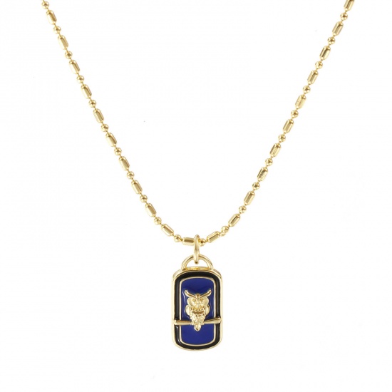 Picture of 18K Real Gold Plated Bamboo Chain Rectangle Pendant Charm Necklace, Brass 45cm(17.7") + 5cm(2"), For Women, Owl Blue Violet Enamel Retro Exquisite Gift, Eco-friendly, 1 Piece