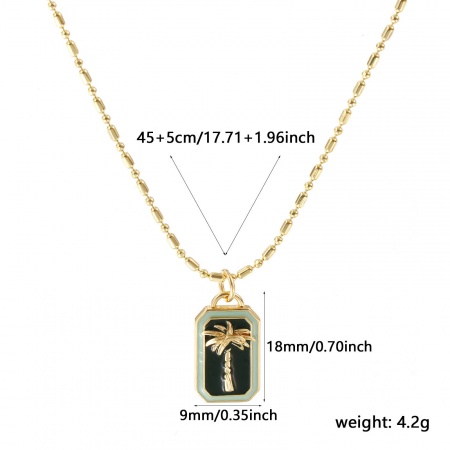Picture of 18K Real Gold Plated Bamboo Chain Rectangle Pendant Charm Necklace, Brass 45cm(17.7") + 5cm(2"), For Women, Coconut Palm Tree Dark Green Enamel Retro Exquisite Gift, Eco-friendly, 1 Piece