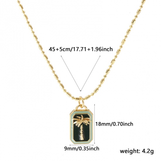 Picture of 18K Real Gold Plated Bamboo Chain Rectangle Pendant Charm Necklace, Brass 45cm(17.7") + 5cm(2"), For Women, Coconut Palm Tree Dark Green Enamel Retro Exquisite Gift, Eco-friendly, 1 Piece