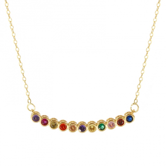 Picture of 18K Real Gold Plated Link Cable Chain Round Pendant Charm Necklace, Brass 48cm(18.9") + 5cm(2"), For Women, Multicolour Cubic Zirconia Minimalist Birthstone Gift, Eco-friendly, 1 Piece