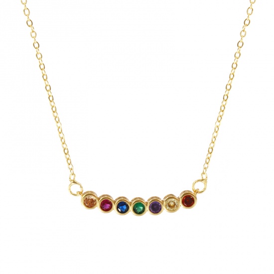 Picture of 18K Real Gold Plated Link Cable Chain Round Pendant Charm Necklace, Brass 47cm(18.5") + 5cm(2"), For Women, Multicolour Cubic Zirconia Minimalist Birthstone Gift, Eco-friendly, 1 Piece