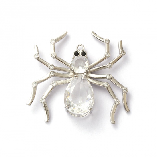 Immagine di 1 Pz Ottone Ciondoli Pendenti Platino Placcato Ragno Micro Spianare Trasparente Cubic Zirconiae 5cm x 4.7cm