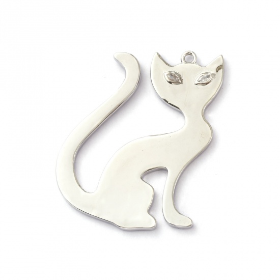 Immagine di 1 Pz Ottone Ciondoli Pendenti Platino Placcato Gatto Trasparente Cubic Zirconiae 5cm x 4.4cm