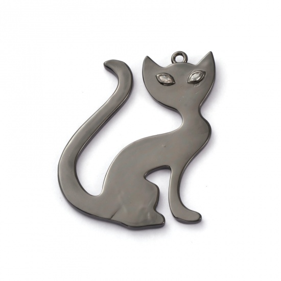 Immagine di 1 Pz Ottone Ciondoli Pendenti Pistola Nera Gatto Trasparente Cubic Zirconiae 5cm x 4.4cm