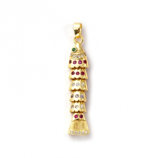 Image de 1 Pièce Pendentifs Bijoux d'Océan en Laiton Plaqué Or 18K Poisson Mobile à Zircone Cubique Multicolore 4.1cm x 0.8cm