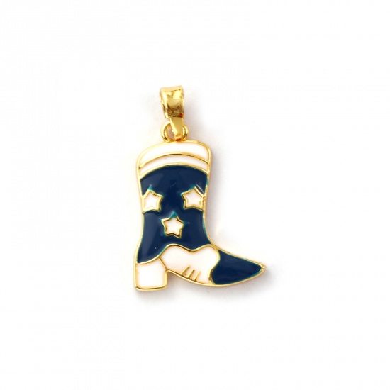 Picture of 2 PCs Brass West Cowboy Charm Pendant 18K Gold Plated Dark Blue Enamel Boots Star 24mm x 15mm