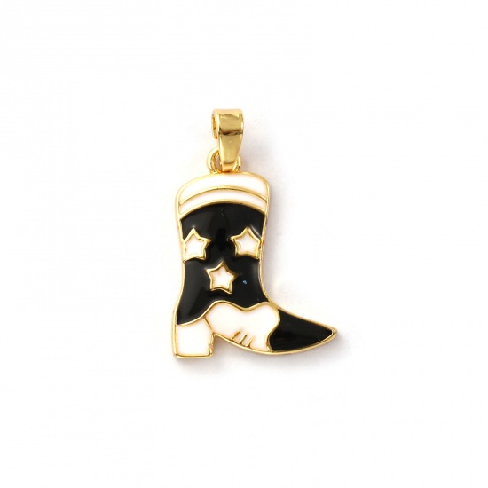 Picture of 2 PCs Brass West Cowboy Charm Pendant 18K Gold Plated Black Enamel Boots Star 24mm x 15mm
