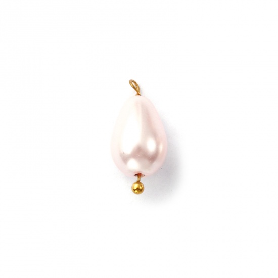 Picture of 4 PCs Vacuum Plating 304 Stainless Steel & Acrylic Charms Gold Plated Light Pink Drop Imitation Pearl 16mm x 8mm
