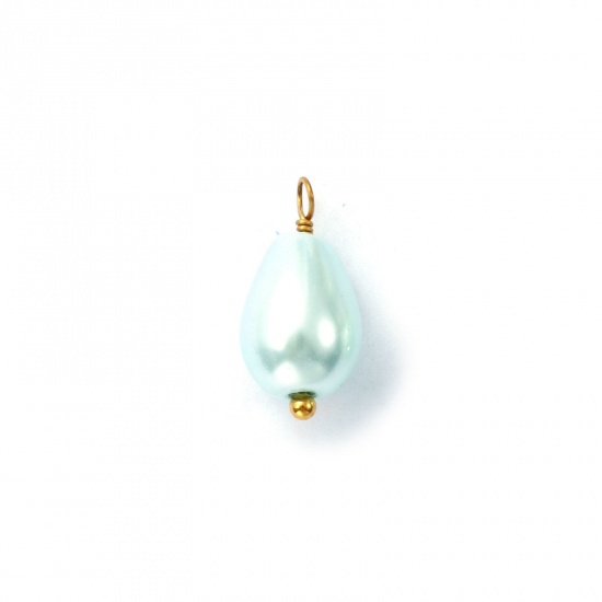 Picture of 4 PCs Vacuum Plating 304 Stainless Steel & Acrylic Charms Gold Plated Light Blue Drop Imitation Pearl 16mm x 8mm