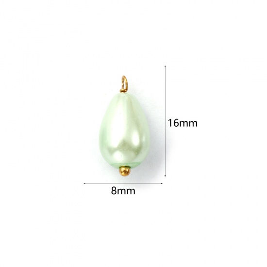 Picture of 4 PCs Vacuum Plating 304 Stainless Steel & Acrylic Charms Gold Plated Light Green Drop Imitation Pearl 16mm x 8mm