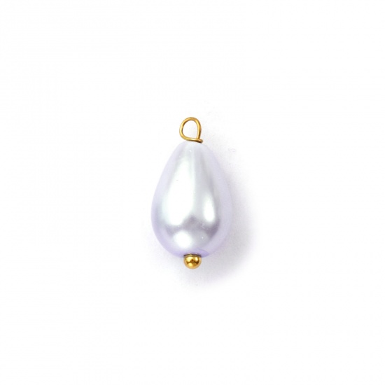 Picture of 4 PCs Vacuum Plating 304 Stainless Steel & Acrylic Charms Gold Plated Mauve Drop Imitation Pearl 16mm x 8mm