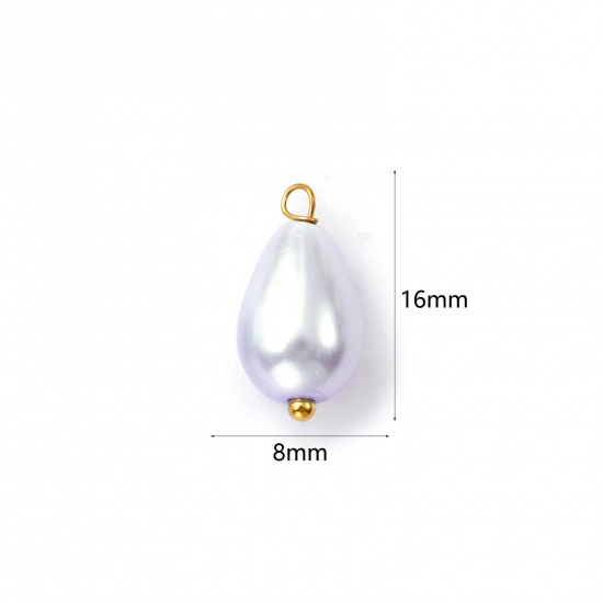 Picture of 4 PCs Vacuum Plating 304 Stainless Steel & Acrylic Charms Gold Plated Mauve Drop Imitation Pearl 16mm x 8mm