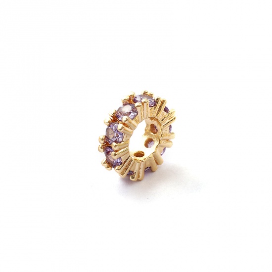 Immagine di 1 Pz Ecologico Ottone Pietre Nascita Perline Distanziatrici per Gioielli Fai-da-te che Fanno Risultati 14K Vero Oro Placcato Tondo Febbraio Viola Cubic Zirconiae 10mm Dia., Buco: Circa 4.8mm