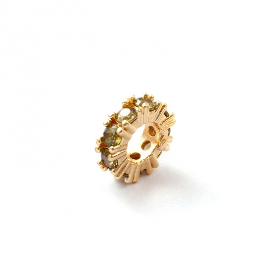 Immagine di 1 Pz Ecologico Ottone Pietre Nascita Perline Distanziatrici per Gioielli Fai-da-te che Fanno Risultati 14K Vero Oro Placcato Tondo Agosto Verde Oliva Cubic Zirconiae 10mm Dia., Buco: Circa 4.8mm