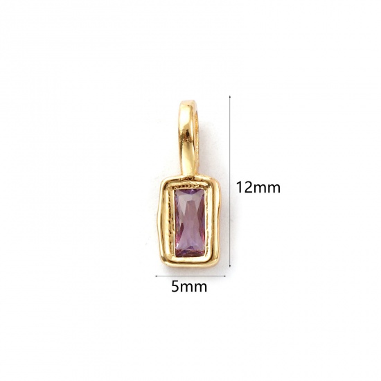 Изображение 2 ШТ Экологичный Латунь Камень рождения Подвески 14K настоящее золото с покрытием Прямоугольник февраль Фиолетовый Искусственный Циркон 12мм x 5мм