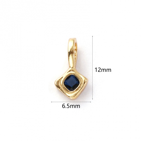 Изображение 2 ШТ Экологичный Латунь Камень рождения Подвески 14K настоящее золото с покрытием Ромб сентябрь Темно-синий Искусственный Циркон 12мм x 6.5мм