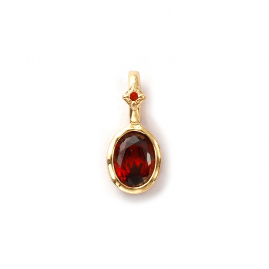 Image de 1 Pièce Breloques Pierres de Naissance Respectueux de la Nature en Laiton Plaqué Or Véritable 14K Ovale janvier à Zircone Cubique Vin Rouge 18mm x 8mm