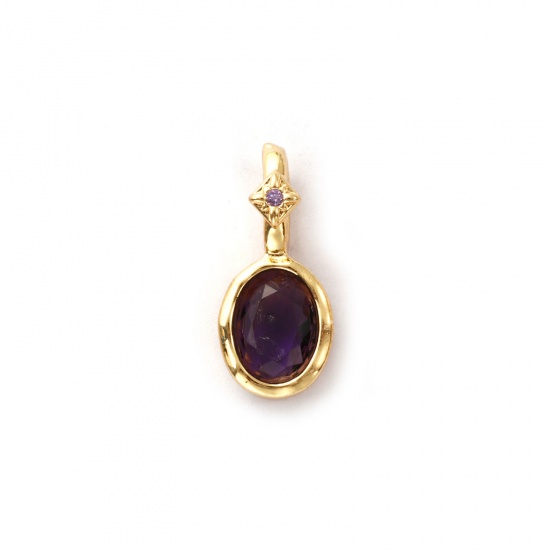 Image de 1 Pièce Breloques Pierres de Naissance Respectueux de la Nature en Laiton Plaqué Or Véritable 14K Ovale février à Zircone Cubique Pourpre 18mm x 8mm