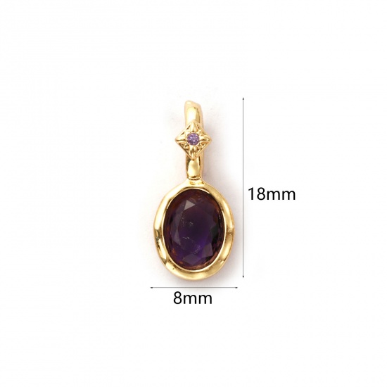 Image de 1 Pièce Breloques Pierres de Naissance Respectueux de la Nature en Laiton Plaqué Or Véritable 14K Ovale février à Zircone Cubique Pourpre 18mm x 8mm
