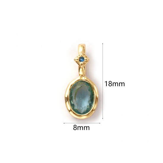 Image de 1 Pièce Breloques Pierres de Naissance Respectueux de la Nature en Laiton Plaqué Or Véritable 14K Ovale mars à Zircone Cubique Aquamarine 18mm x 8mm