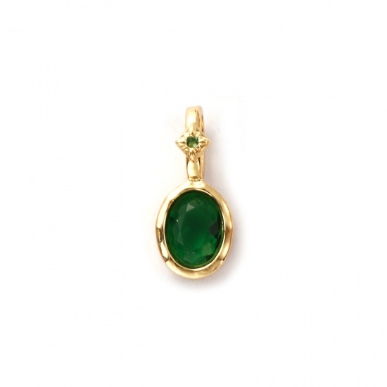 Image de 1 Pièce Breloques Pierres de Naissance Respectueux de la Nature en Laiton Plaqué Or Véritable 14K Ovale mai à Zircone Cubique Vert Foncé 18mm x 8mm