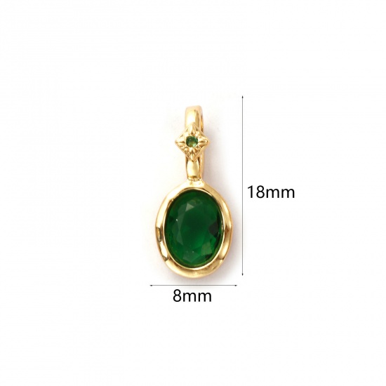 Image de 1 Pièce Breloques Pierres de Naissance Respectueux de la Nature en Laiton Plaqué Or Véritable 14K Ovale mai à Zircone Cubique Vert Foncé 18mm x 8mm