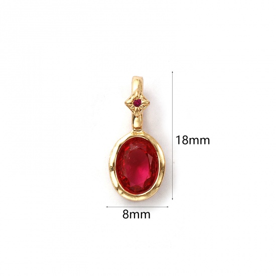 Image de 1 Pièce Breloques Pierres de Naissance Respectueux de la Nature en Laiton Plaqué Or Véritable 14K Ovale juillet à Zircone Cubique Fuchsia 18mm x 8mm