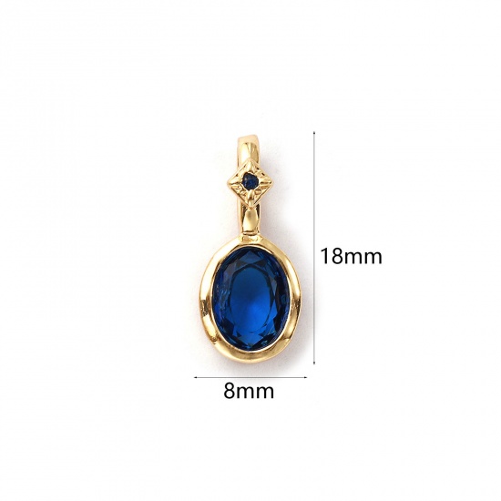 Image de 1 Pièce Breloques Pierres de Naissance Respectueux de la Nature en Laiton Plaqué Or Véritable 14K Ovale septembre à Zircone Cubique Saphir 18mm x 8mm