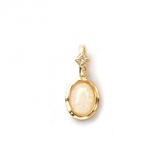 Image de 1 Pièce Breloques Pierres de Naissance Respectueux de la Nature en Laiton Plaqué Or Véritable 14K Blanc Ovale octobre Opale Imitation 18mm x 8mm