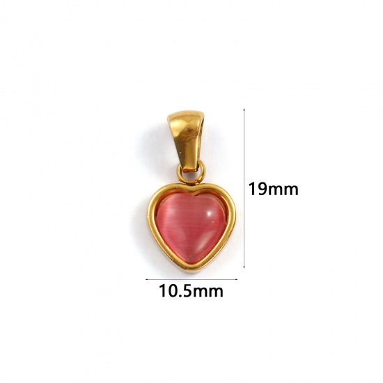 Bild von 2 Stück Umweltfreundliche PVD-Vakuumbeschichtung 304 Edelstahl Valentinstag Charm-Anhänger 18K Echtgold plattiert Rosa Herz Imitierte Katzenauge 19mm x 10.5mm