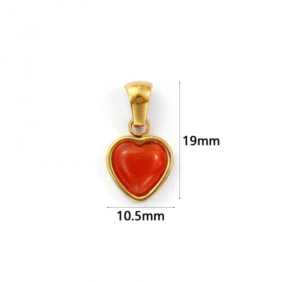 Bild von 2 Stück Umweltfreundliche PVD-Vakuumbeschichtung 304 Edelstahl Valentinstag Charm-Anhänger 18K Echtgold plattiert Orange Herz Imitierte Katzenauge 19mm x 10.5mm