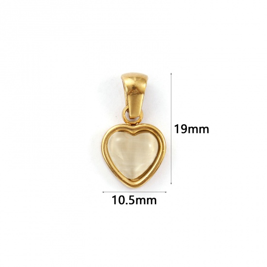 Bild von 2 Stück Umweltfreundliche PVD-Vakuumbeschichtung 304 Edelstahl Valentinstag Charm-Anhänger 18K Echtgold plattiert Grauweiß Herz Imitierte Katzenauge 19mm x 10.5mm