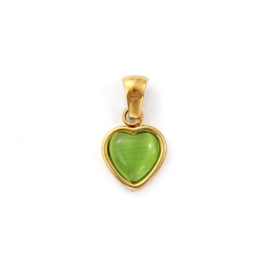 Bild von 2 Stück Umweltfreundliche PVD-Vakuumbeschichtung 304 Edelstahl Valentinstag Charm-Anhänger 18K Echtgold plattiert Grün Herz Imitierte Katzenauge 19mm x 10.5mm