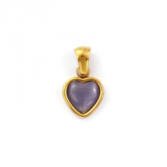 Bild von 2 Stück Umweltfreundliche PVD-Vakuumbeschichtung 304 Edelstahl Valentinstag Charm-Anhänger 18K Echtgold plattiert Lila Herz Imitierte Katzenauge 19mm x 10.5mm