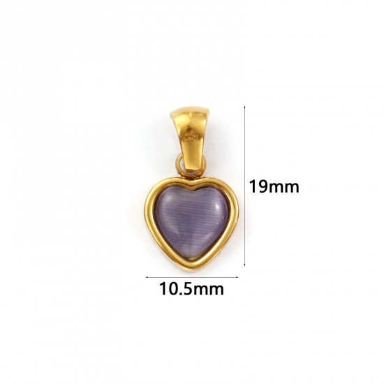 Bild von 2 Stück Umweltfreundliche PVD-Vakuumbeschichtung 304 Edelstahl Valentinstag Charm-Anhänger 18K Echtgold plattiert Lila Herz Imitierte Katzenauge 19mm x 10.5mm
