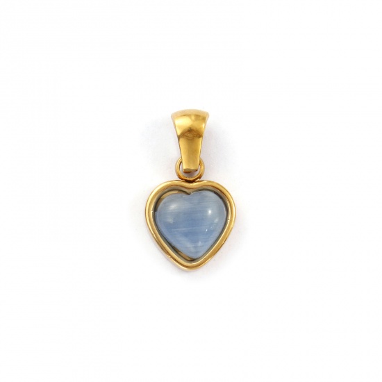 Bild von 2 Stück Umweltfreundliche PVD-Vakuumbeschichtung 304 Edelstahl Valentinstag Charm-Anhänger 18K Echtgold plattiert Hellgrau Herz Imitierte Katzenauge 19mm x 10.5mm