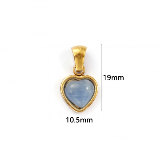 Bild von 2 Stück Umweltfreundliche PVD-Vakuumbeschichtung 304 Edelstahl Valentinstag Charm-Anhänger 18K Echtgold plattiert Hellgrau Herz Imitierte Katzenauge 19mm x 10.5mm