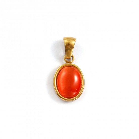 Immagine di 2 Pz Placcatura Sottovuoto PVD Ecologica 304 Acciaio Inossidabile Ciondoli Pendenti 18K Vero Oro Placcato Arancione Ovale Imitazione di occhio di gatto 21mm x 10.5mm