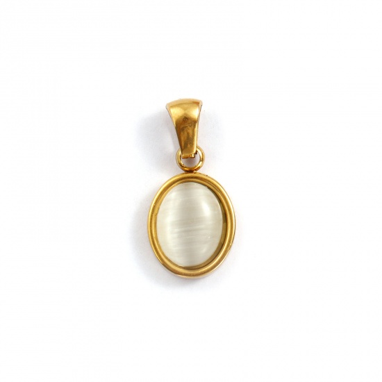Immagine di 2 Pz Placcatura Sottovuoto PVD Ecologica 304 Acciaio Inossidabile Ciondoli Pendenti 18K Vero Oro Placcato Bianco Sporco Ovale Imitazione di occhio di gatto 21mm x 10.5mm