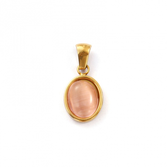 Immagine di 2 Pz Placcatura Sottovuoto PVD Ecologica 304 Acciaio Inossidabile Ciondoli Pendenti 18K Vero Oro Placcato Rosa Ovale Imitazione di occhio di gatto 21mm x 10.5mm