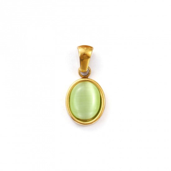 Immagine di 2 Pz Placcatura Sottovuoto PVD Ecologica 304 Acciaio Inossidabile Ciondoli Pendenti 18K Vero Oro Placcato Verde Ovale Imitazione di occhio di gatto 21mm x 10.5mm