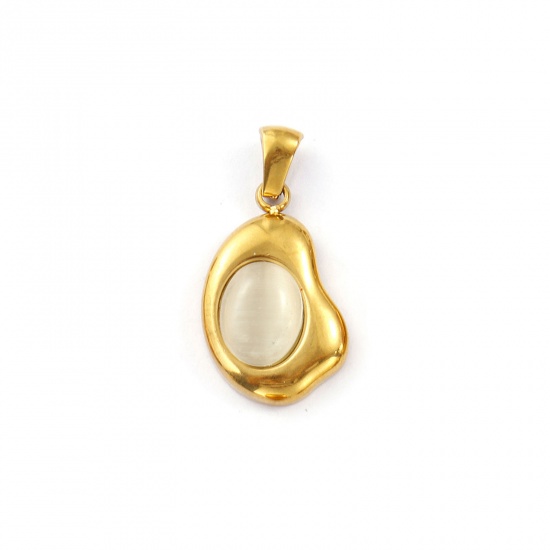 Immagine di 2 Pz Placcatura Sottovuoto PVD Ecologica 304 Acciaio Inossidabile Ciondoli Pendenti 18K Vero Oro Placcato Bianco Sporco Irregolare Imitazione di occhio di gatto 28mm x 14.5mm