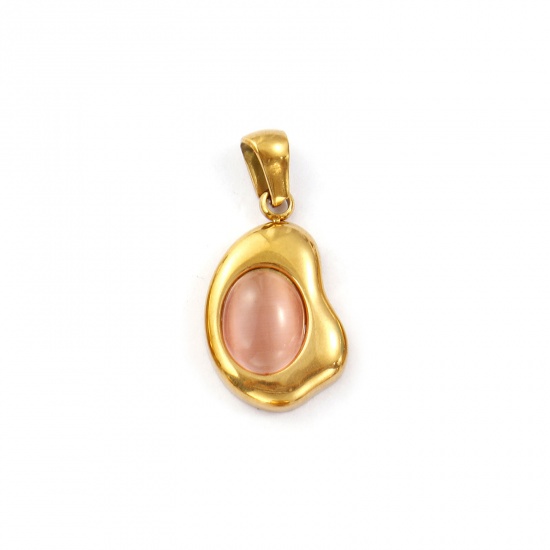 Immagine di 2 Pz Placcatura Sottovuoto PVD Ecologica 304 Acciaio Inossidabile Ciondoli Pendenti 18K Vero Oro Placcato Rosa Irregolare Imitazione di occhio di gatto 28mm x 14.5mm